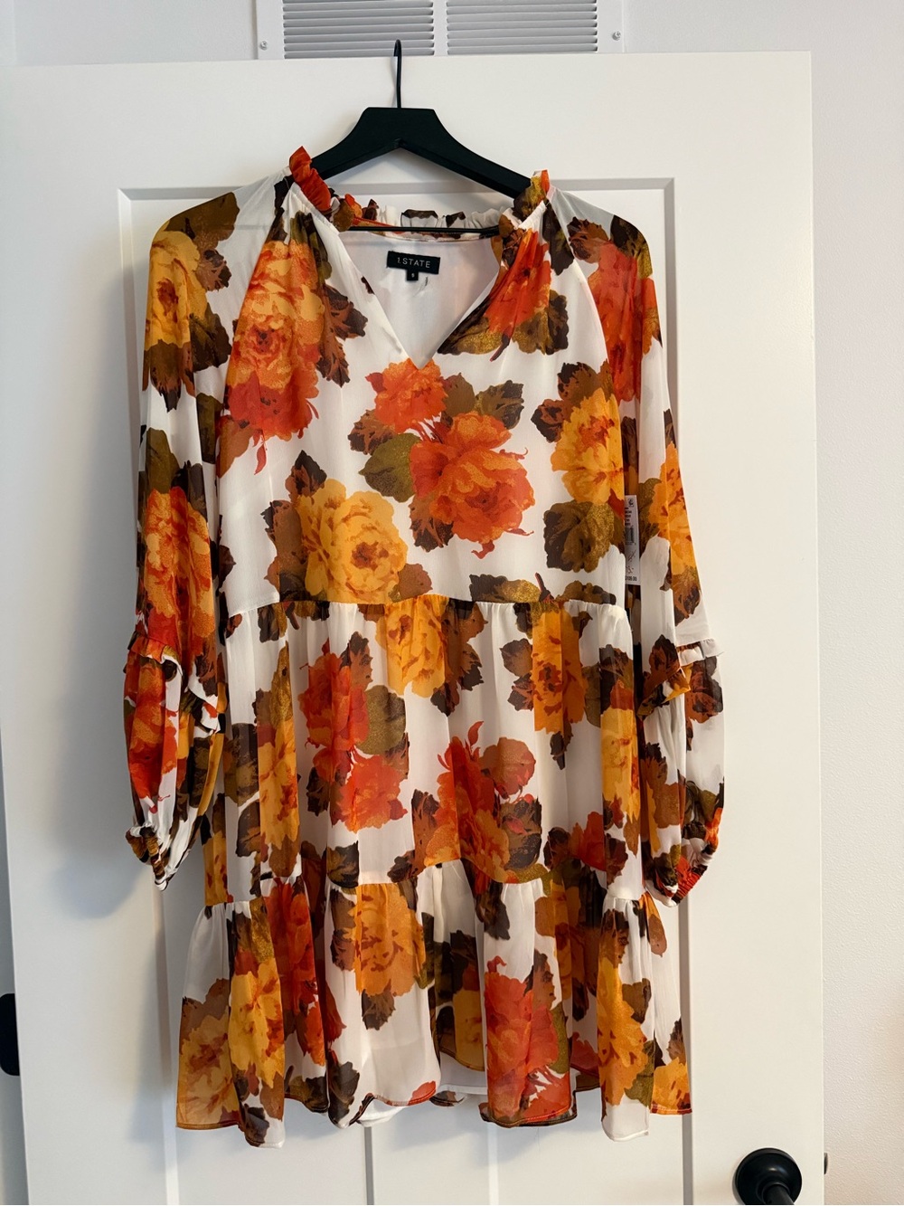 Lush White Tiered V-Neck Dress with Orange & Yellow Floral Print